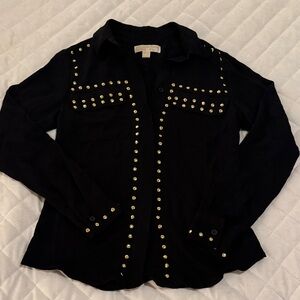 Michael Kors 100% Silk Black Gold Studded Button-Up Shirt